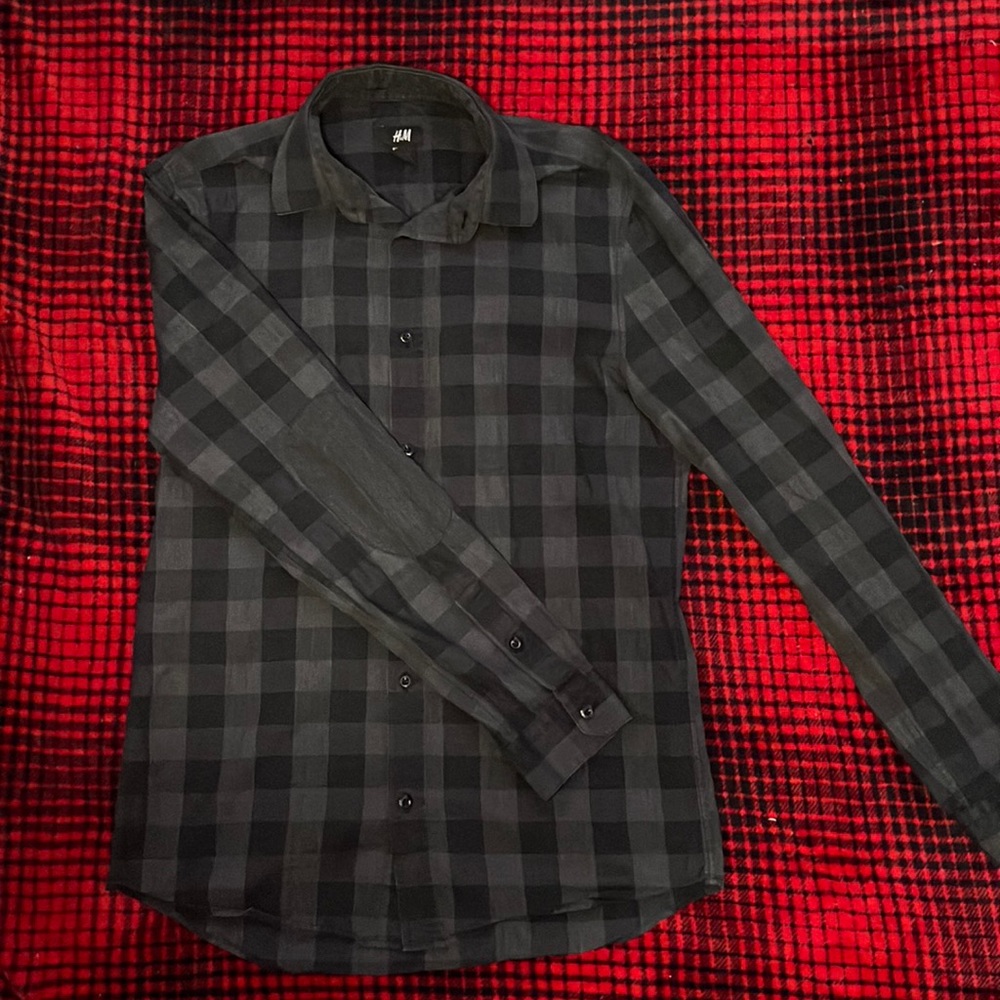 H&M S Mens Black Checkered Dress Shirt